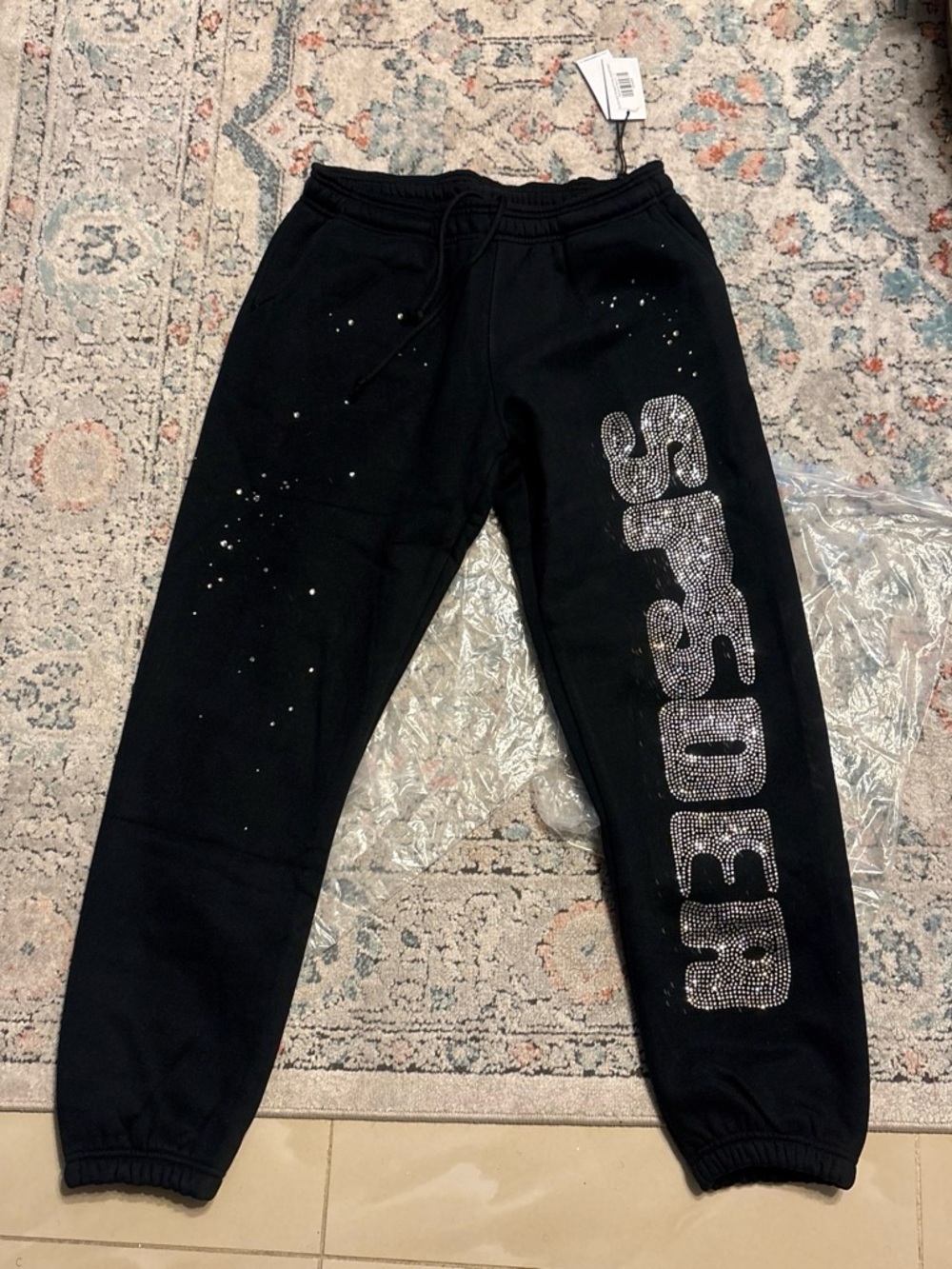 Sp5der Black Rhinestone Hoodie & Sweatpants Matching Set Size S NWT